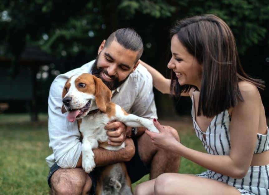 couple playing with pet beagle dog
