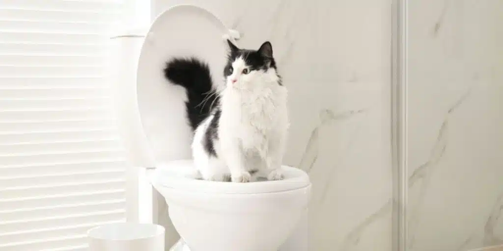 Cute cat sitting on toilet bowl compressed