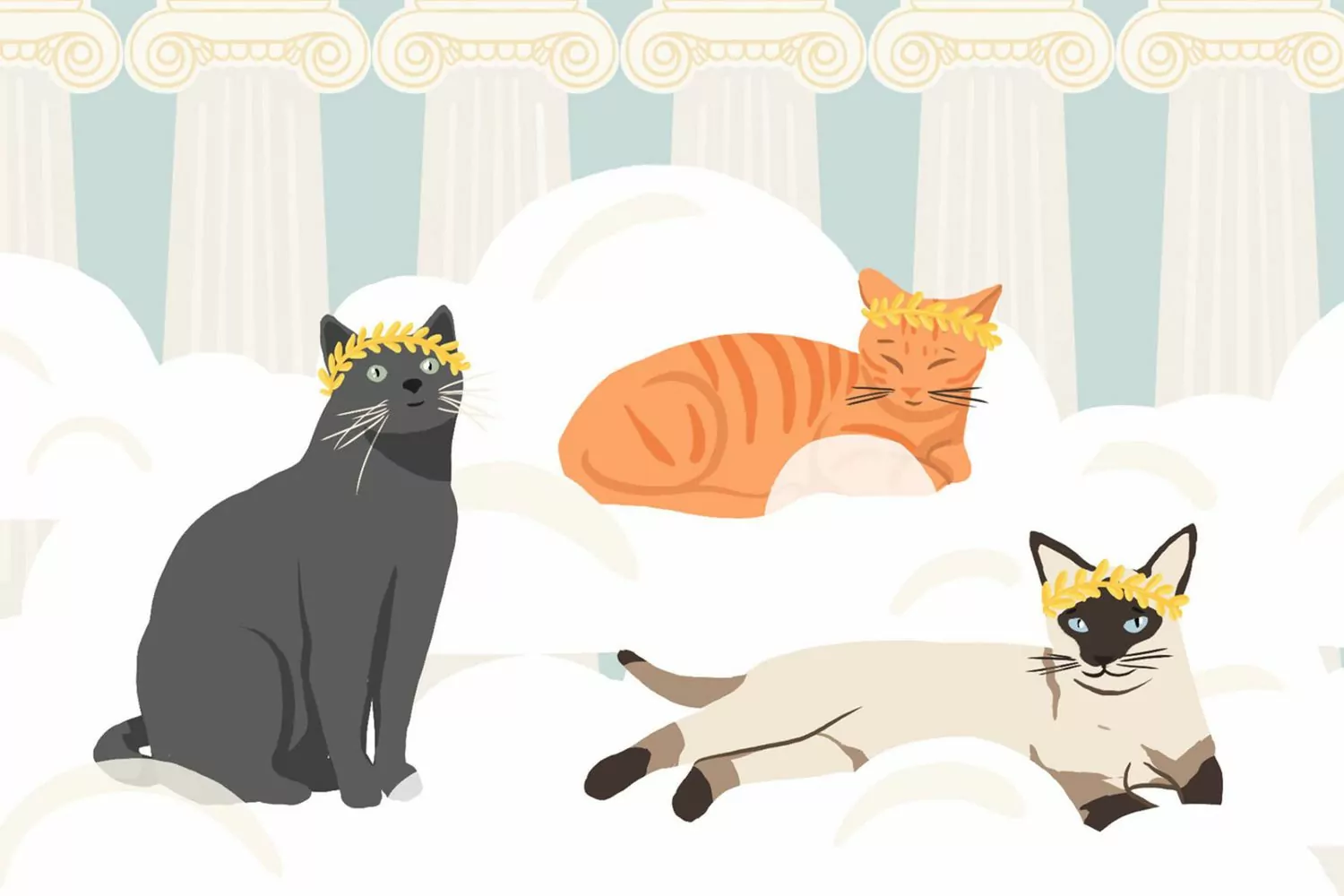 Illustration von drei Katzen mit Göttinnenblatt-Stirnbändern, die in Wolken vor Giersäulen sitzen