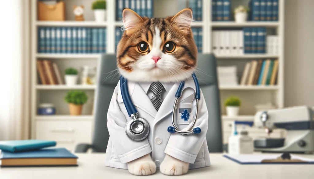 DALL·E 2023 12 07 20.04.36 A cute cat wearing a doctors white coat with a stethoscope around its neck looking intelligent and caring. The cat is standing in a medical office