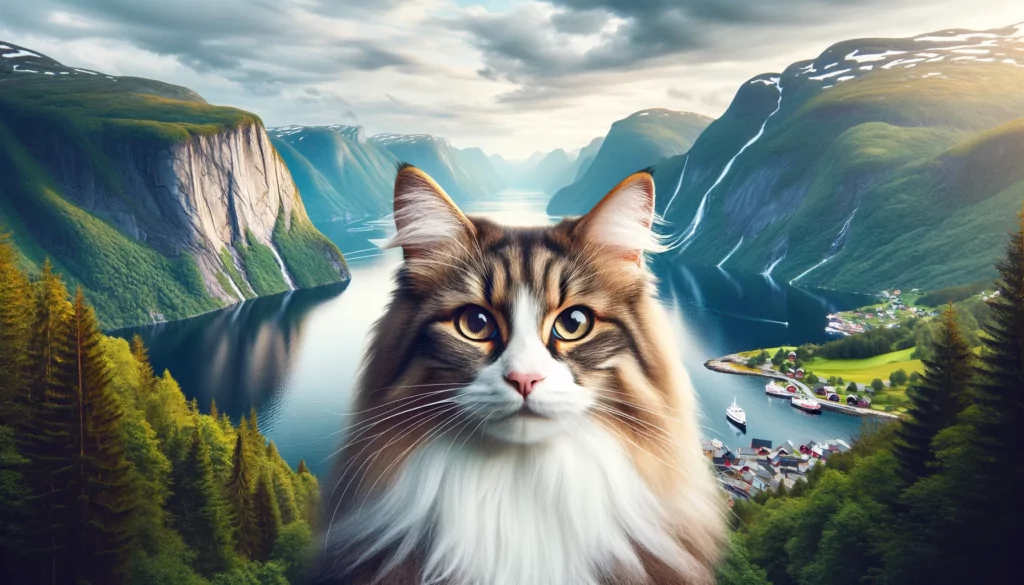 DALL·E 2023 12 09 12.11.14 A Norwegian Forest cat in the center of the image looking directly at the camera with a wise and majestic expression. The cat should be prominently f