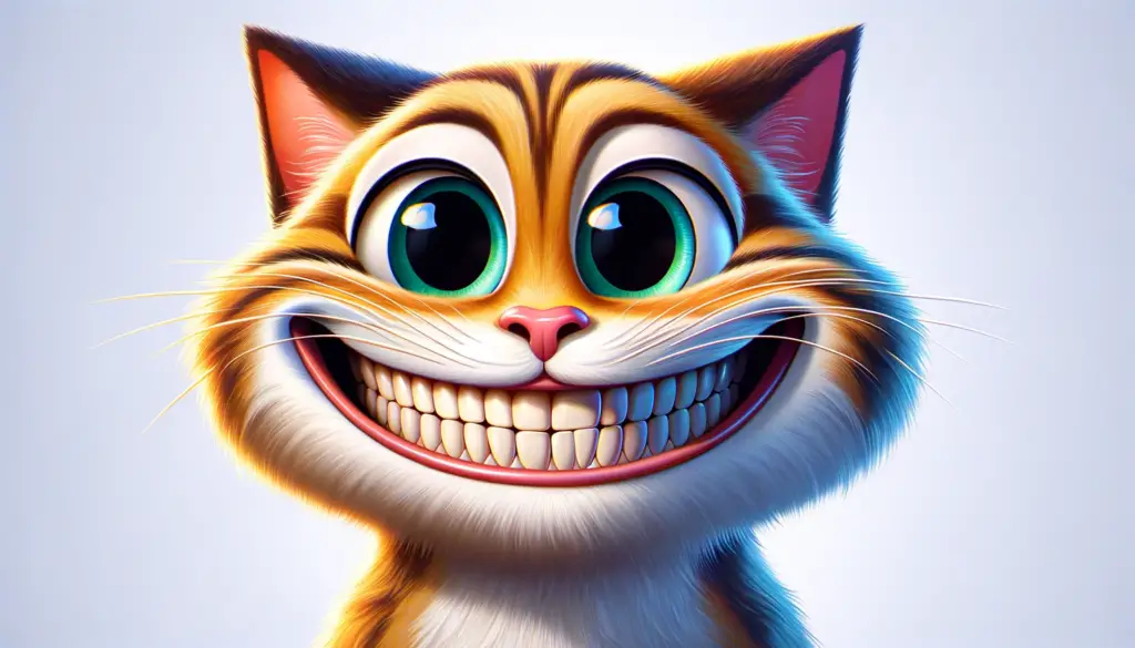 DALL·E 2023 12 31 14.51.38 A cartoon of a cat with an exaggerated wide smile looking directly at the camera. The cat is in the center of the image with a playful and humorous