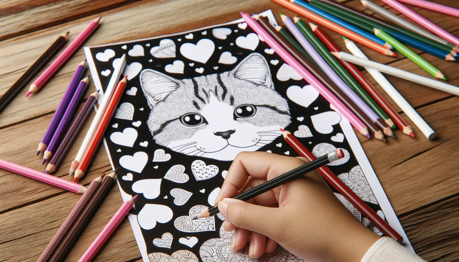 DALL·E 2024 01 31 14.24.16 A realistic photo in a 16 9 format of a womans hand holding a colored map pencil coloring the provided black and white coloring page featuring a cat